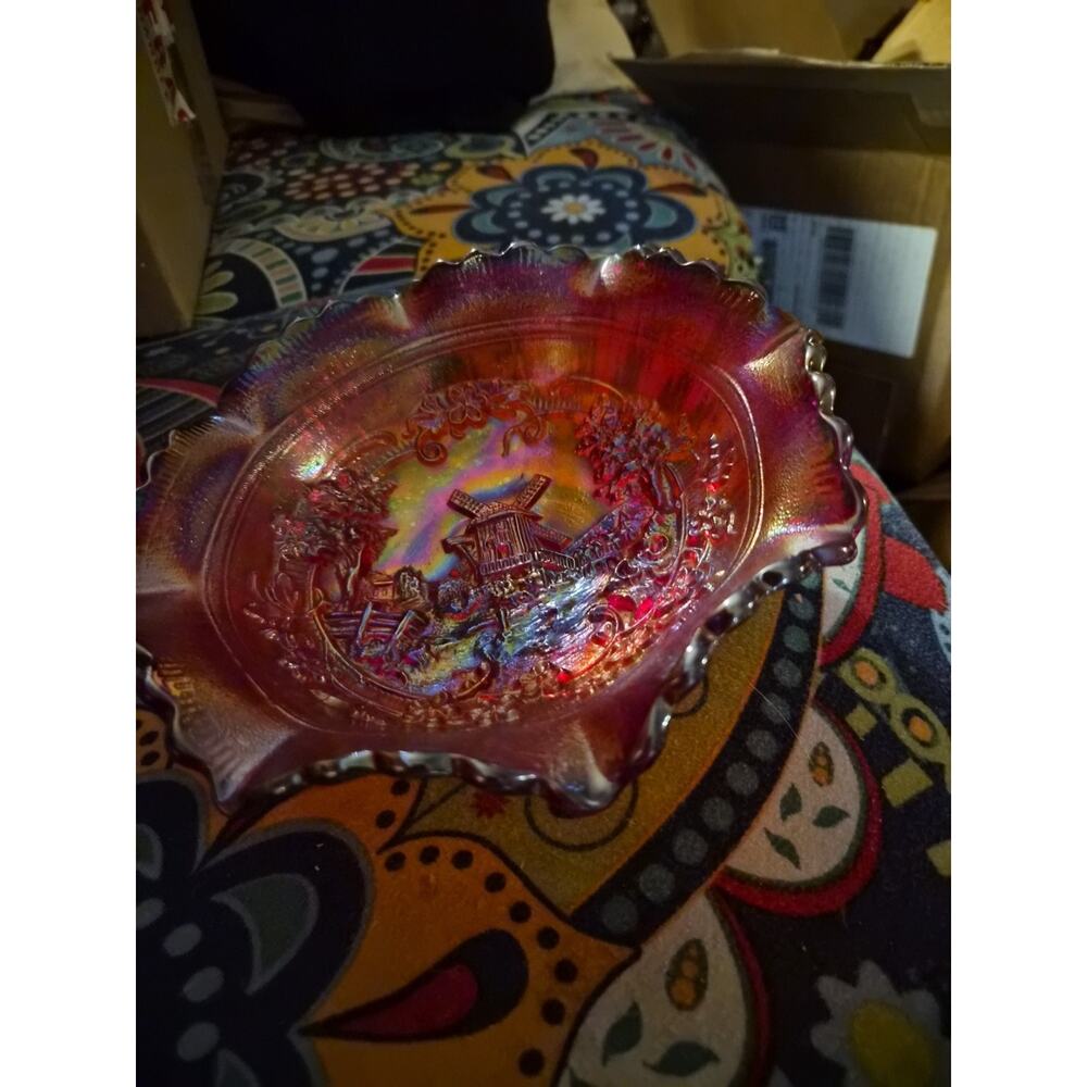 Vintage LE Smith Red Carnival Glass Bowl With An Winmill Scene And A Ruffled
